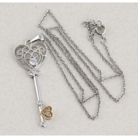 Heart Key Heart Necklace Sterling Silver Cz accents 16 inch chain - Picture 1 of 9